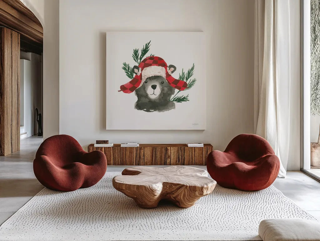 Critter Greetings V by Jenaya Jackson. Shown as extra-large giant wall art in a modern living room. Available as an archival giclee rolled canvas, fine art paper, or poster print. SKU 83577a.