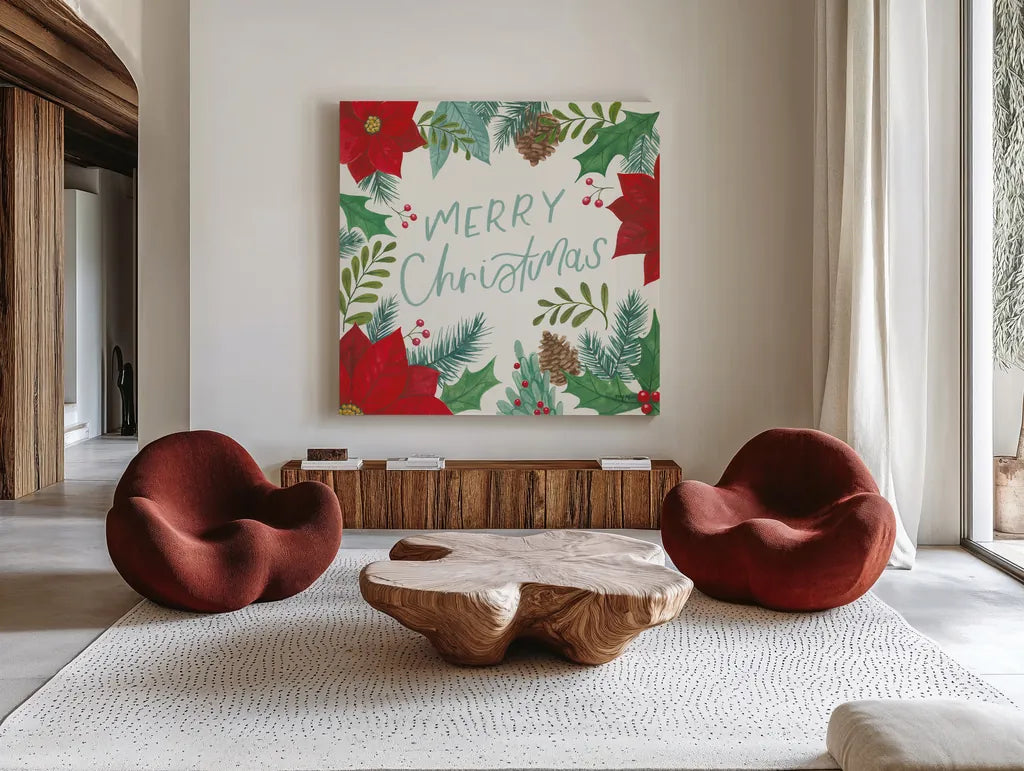 Holly and Pine I by Jenaya Jackson. Shown as extra-large giant wall art in a modern living room. Available as an archival giclee rolled canvas, fine art paper, or poster print. SKU 86601a.