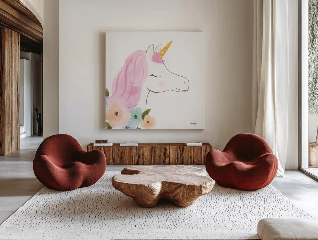 Lets Chase Rainbows IV Sq by Jenaya Jackson. Shown as extra-large giant wall art in a modern living room. Available as an archival giclee rolled canvas, fine art paper, or poster print. SKU 83565a.