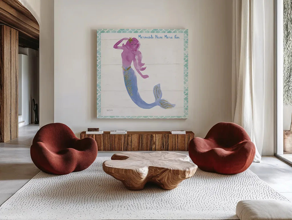 Mermaid Friends IV Fun by Jenaya Jackson. Shown as extra-large giant wall art in a modern living room. Available as an archival giclee rolled canvas, fine art paper, or poster print. SKU 43907a.