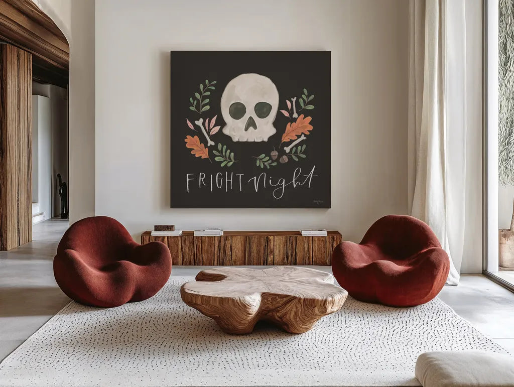 Spooky Season V by Jenaya Jackson. Shown as extra-large giant wall art in a modern living room. Available as an archival giclee rolled canvas, fine art paper, or poster print. SKU 85147a.