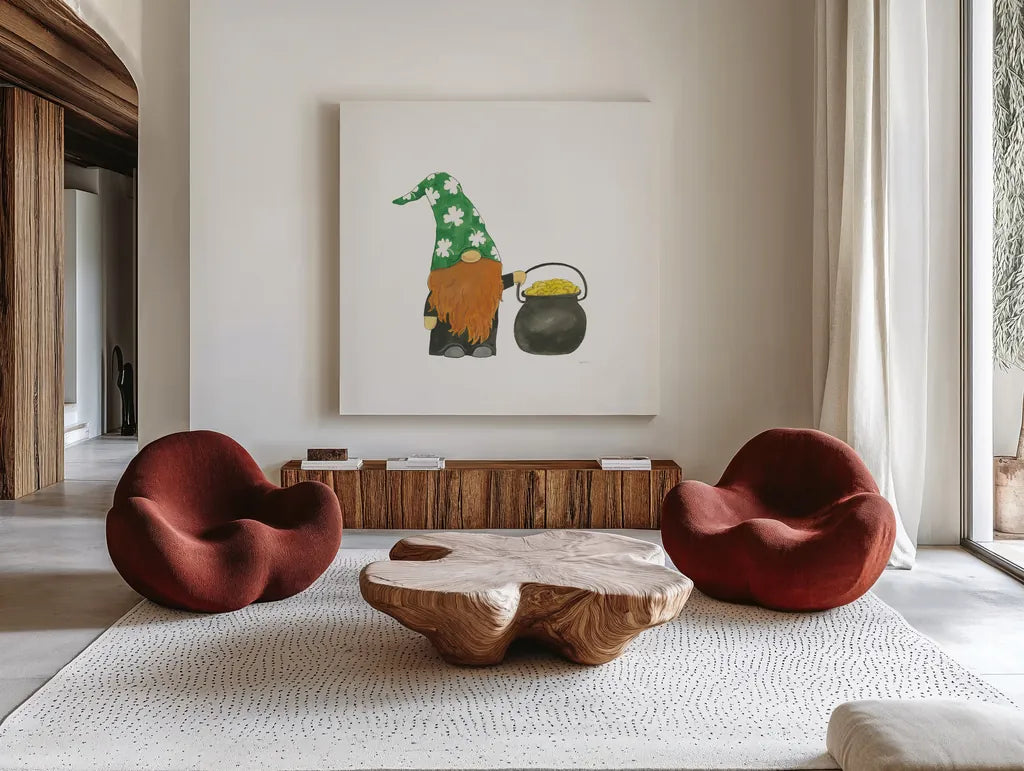 St Patricks Day Gnomes I by Jenaya Jackson. Shown as extra-large giant wall art in a modern living room. Available as an archival giclee rolled canvas, fine art paper, or poster print. SKU 71271a.