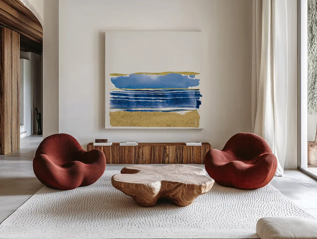 By the Sea I Blue by Jess Aiken. Shown as extra-large giant wall art in a modern living room. Available as an archival giclee rolled canvas, fine art paper, or poster print. SKU 93884a.