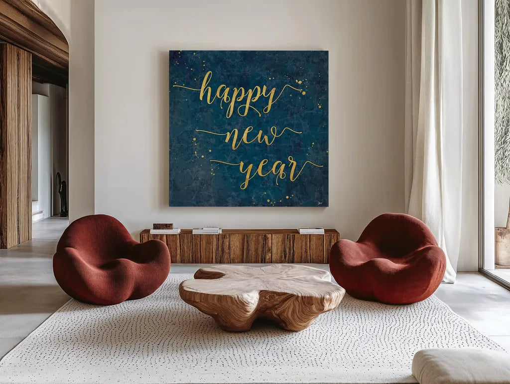 Coastal Lace Happy New Year by Jess Aiken. Shown as extra-large giant wall art in a modern living room. Available as an archival giclee rolled canvas, fine art paper, or poster print. SKU 39393a.
