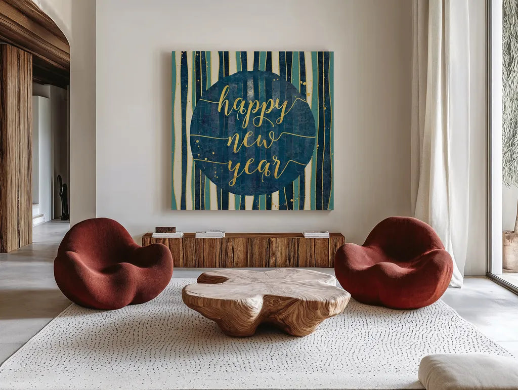 Coastal Lace Happy New Year Stripes Round by Jess Aiken. Shown as extra-large giant wall art in a modern living room. Available as an archival giclee rolled canvas, fine art paper, or poster print. SKU 39395a.