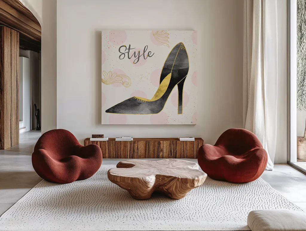 Fashion Blooms I Black by Jess Aiken. Shown as extra-large giant wall art in a modern living room. Available as an archival giclee rolled canvas, fine art paper, or poster print. SKU 45817a.