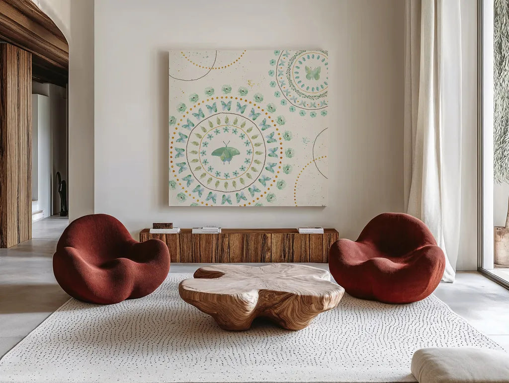 Flutterby Blooms VIII by Jess Aiken. Shown as extra-large giant wall art in a modern living room. Available as an archival giclee rolled canvas, fine art paper, or poster print. SKU 26052a.
