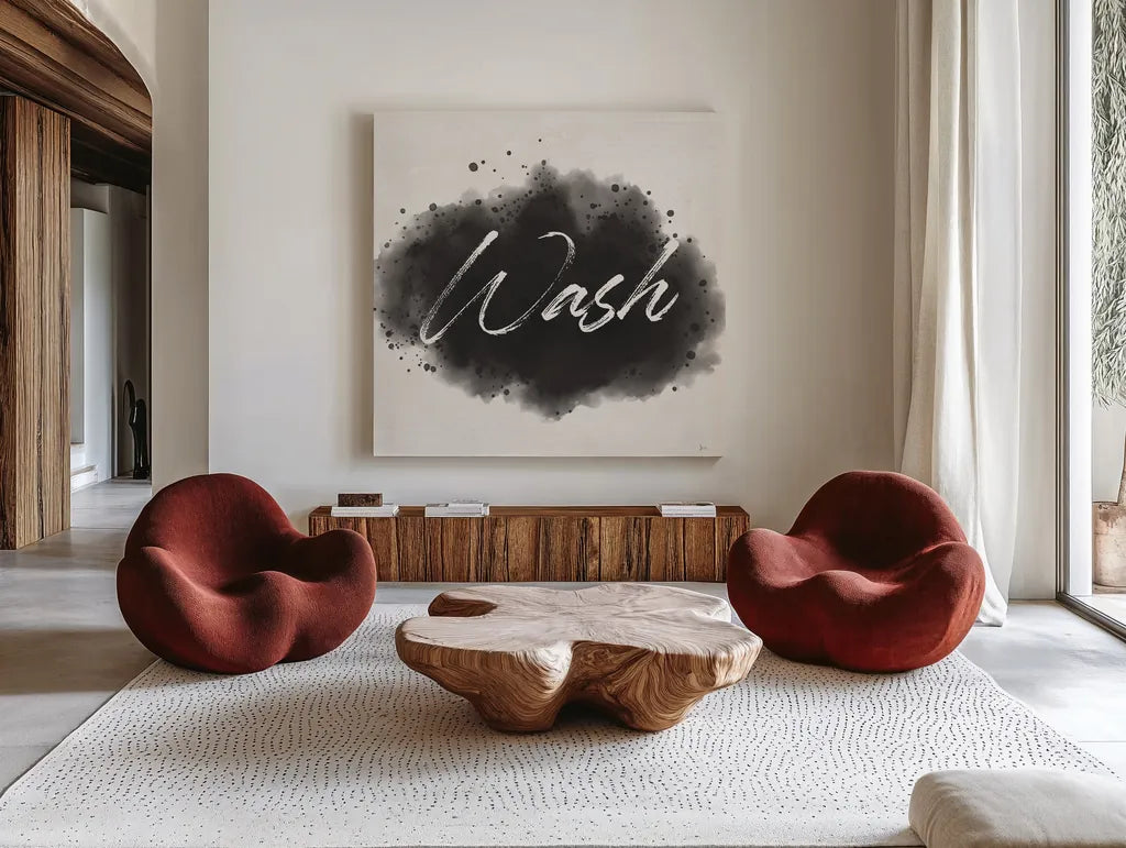 Laundry Splash I by Jess Aiken. Shown as extra-large giant wall art in a modern living room. Available as an archival giclee rolled canvas, fine art paper, or poster print. SKU 66266a.