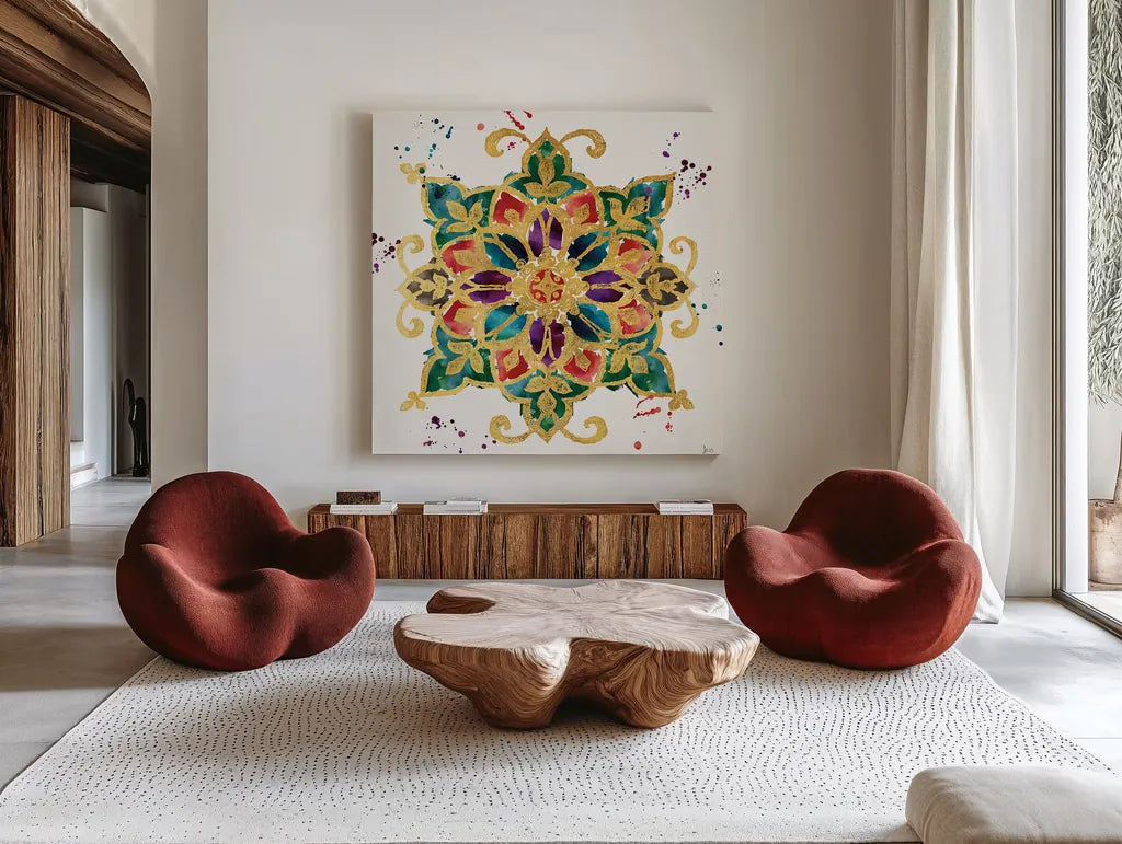 Little Jewels I by Jess Aiken. Shown as extra-large giant wall art in a modern living room. Available as an archival giclee rolled canvas, fine art paper, or poster print. SKU 20922a.