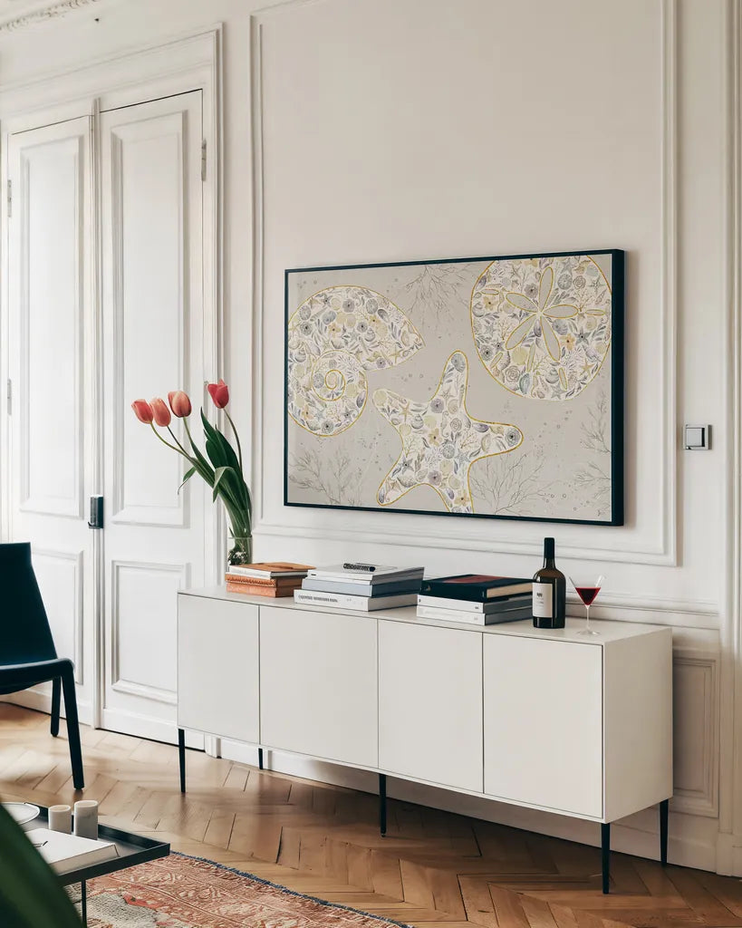 Seaside Blossoms V Neutral by Jess Aiken. shown as a framed stretched canvas in a living room above a console. Available as a archival giclee rolled canvas, fine art paper, or poster print. SKU 34921i.