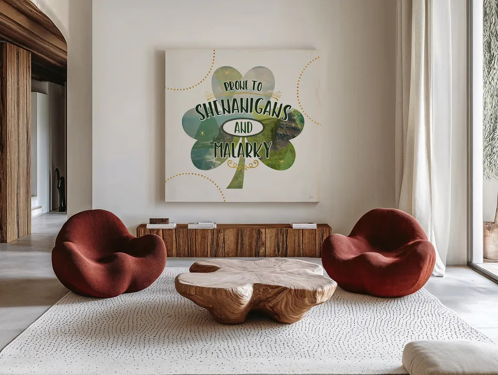 Shamrock Shades II by Jess Aiken. Shown as extra-large giant wall art in a modern living room. Available as an archival giclee rolled canvas, fine art paper, or poster print. SKU 39590a.