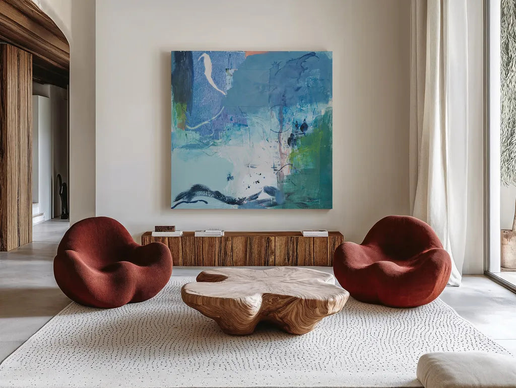 Dive Into the Ocean II by Jocelyn Elizabeth. Shown as extra-large giant wall art in a modern living room. Available as an archival giclee rolled canvas, fine art paper, or poster print. SKU 100329a.