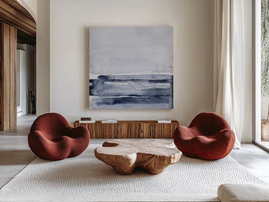 Grey Skies II by Jocelyn Elizabeth. Shown as extra-large giant wall art in a modern living room. Available as an archival giclee rolled canvas, fine art paper, or poster print. SKU 100331a.