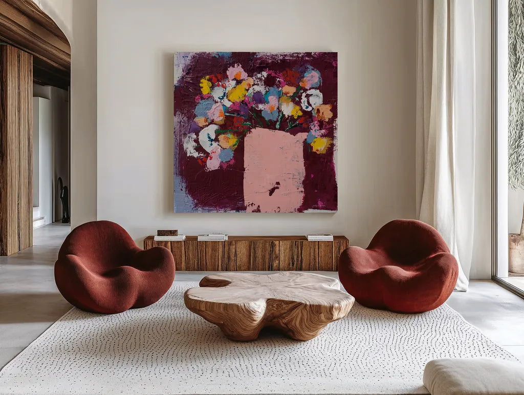Joy by Jocelyn Elizabeth. Shown as extra-large giant wall art in a modern living room. Available as an archival giclee rolled canvas, fine art paper, or poster print. SKU 94104a.
