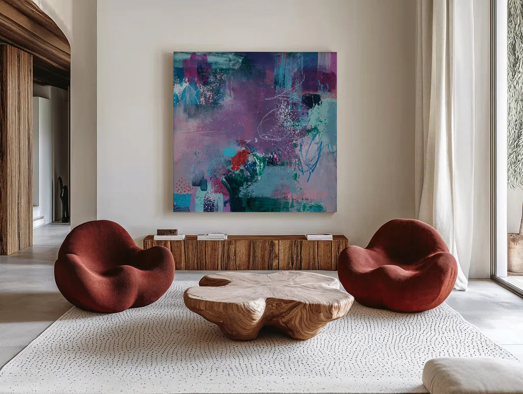 Somewhere by Jocelyn Elizabeth. Shown as extra-large giant wall art in a modern living room. Available as an archival giclee rolled canvas, fine art paper, or poster print. SKU 94753a.