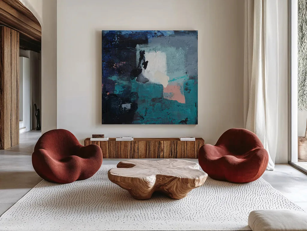 Suddenly Dreaming Again by Jocelyn Elizabeth. Shown as extra-large giant wall art in a modern living room. Available as an archival giclee rolled canvas, fine art paper, or poster print. SKU 94754a.