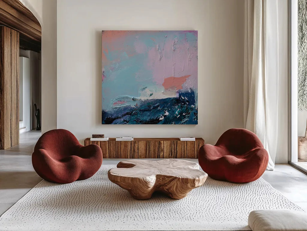 What If by Jocelyn Elizabeth. Shown as extra-large giant wall art in a modern living room. Available as an archival giclee rolled canvas, fine art paper, or poster print. SKU 94111a.