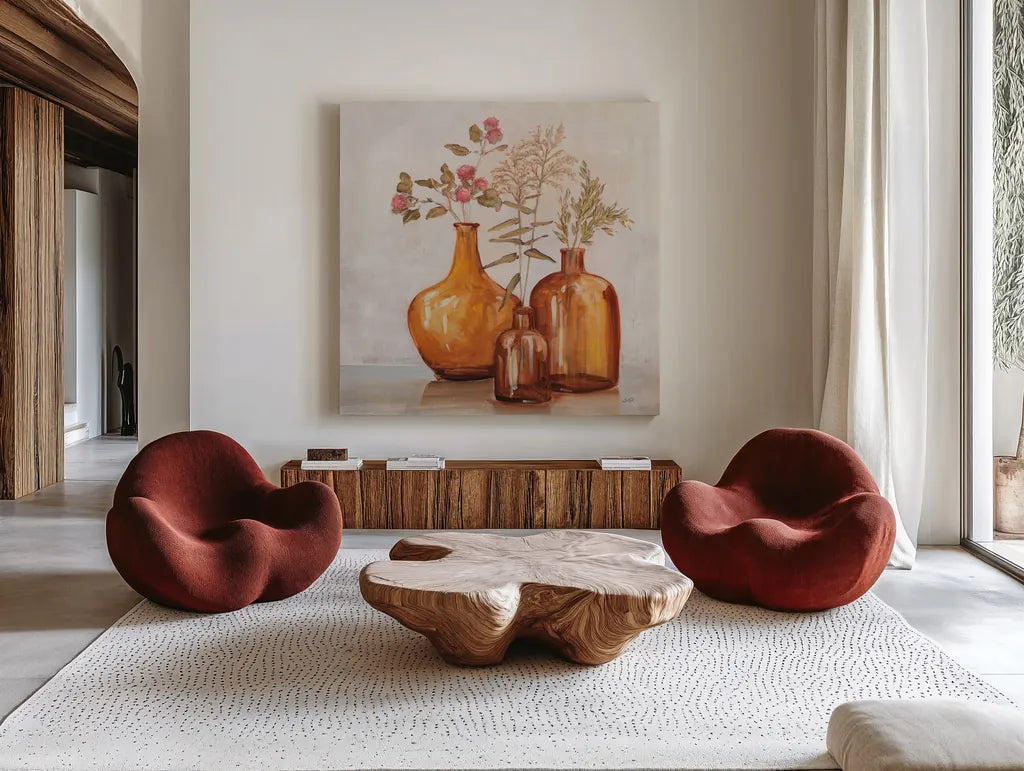 Amber Autumn by Julia Purinton. Shown as extra-large giant wall art in a modern living room. Available as an archival giclee rolled canvas, fine art paper, or poster print. SKU 87339a.