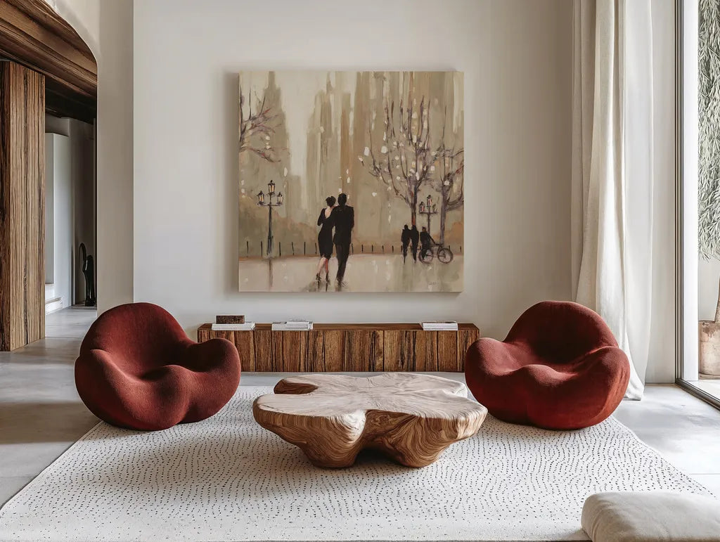 An Evening Out Neutral Crop by Julia Purinton. Shown as extra-large giant wall art in a modern living room. Available as an archival giclee rolled canvas, fine art paper, or poster print. SKU 17787a.