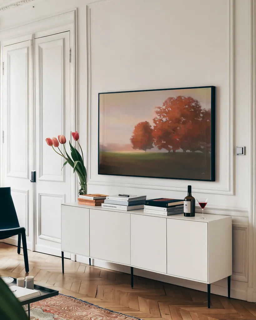 Autumn Glow by Julia Purinton. shown as a framed stretched canvas in a living room above a console. Available as a archival giclee rolled canvas, fine art paper, or poster print. SKU 57711i.