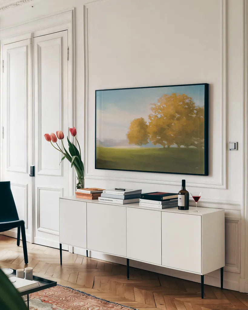 Autumn Glow Gold by Julia Purinton. shown as a framed stretched canvas in a living room above a console. Available as a archival giclee rolled canvas, fine art paper, or poster print. SKU 62630i.