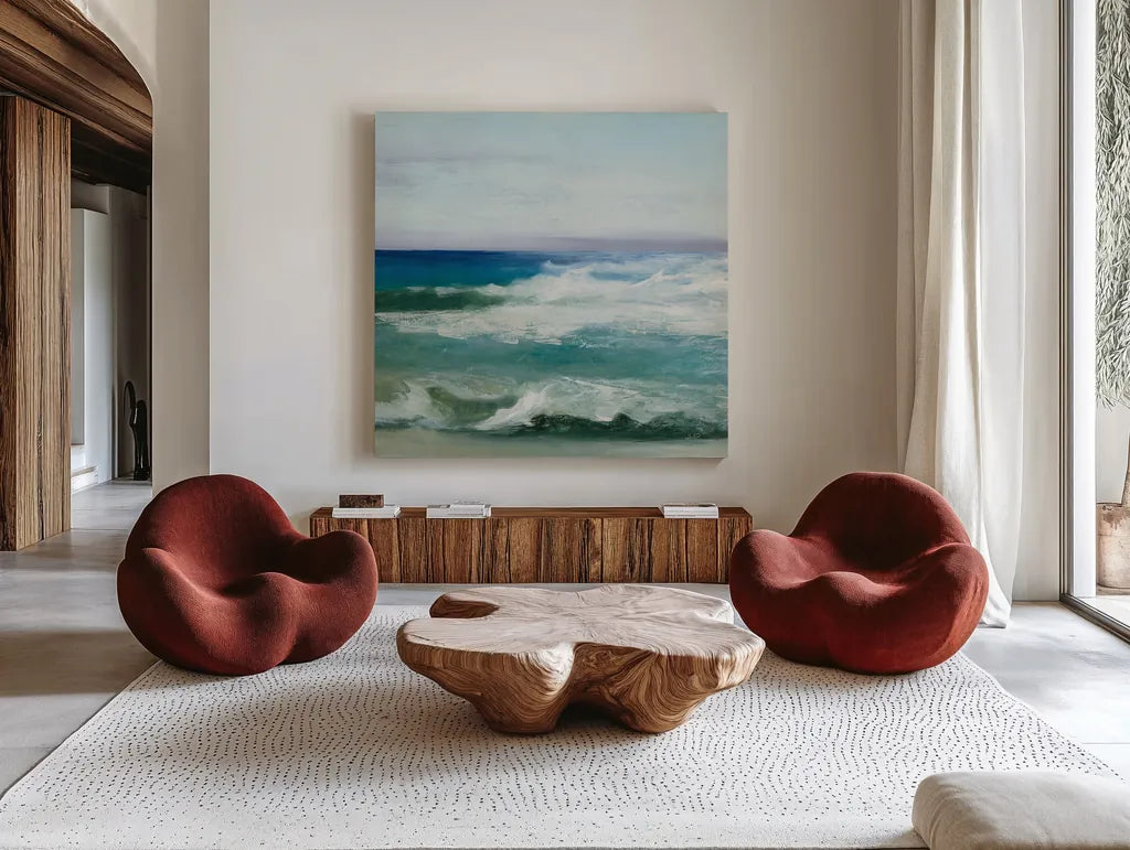 Azure Ocean by Julia Purinton. Shown as extra-large giant wall art in a modern living room. Available as an archival giclee rolled canvas, fine art paper, or poster print. SKU 34631a.
