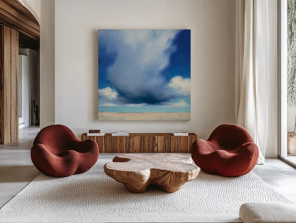 Beach Clouds I by Julia Purinton. Shown as extra-large giant wall art in a modern living room. Available as an archival giclee rolled canvas, fine art paper, or poster print. SKU 33435a.