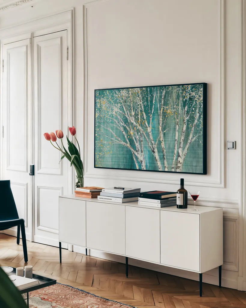 Blue Birch Horizontal by Julia Purinton. shown as a framed stretched canvas in a living room above a console. Available as a archival giclee rolled canvas, fine art paper, or poster print. SKU 20937i.