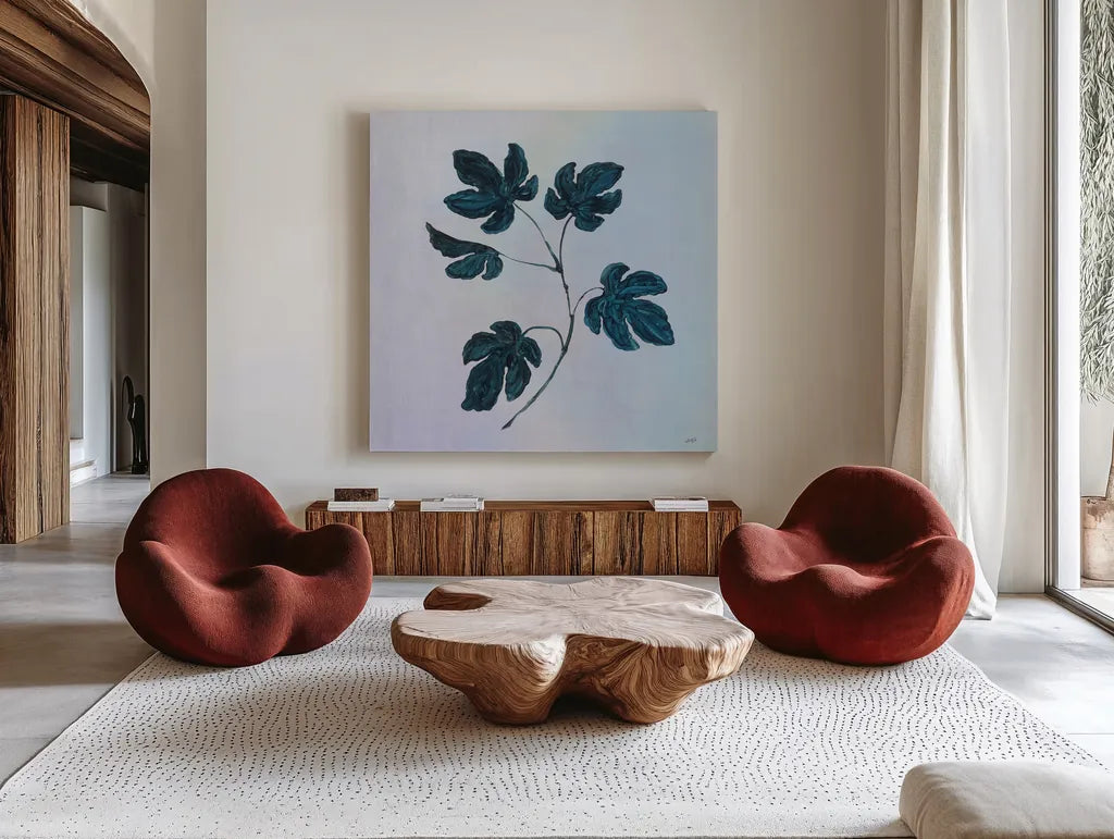 Botanical Study III Blue by Julia Purinton. Shown as extra-large giant wall art in a modern living room. Available as an archival giclee rolled canvas, fine art paper, or poster print. SKU 49723a.