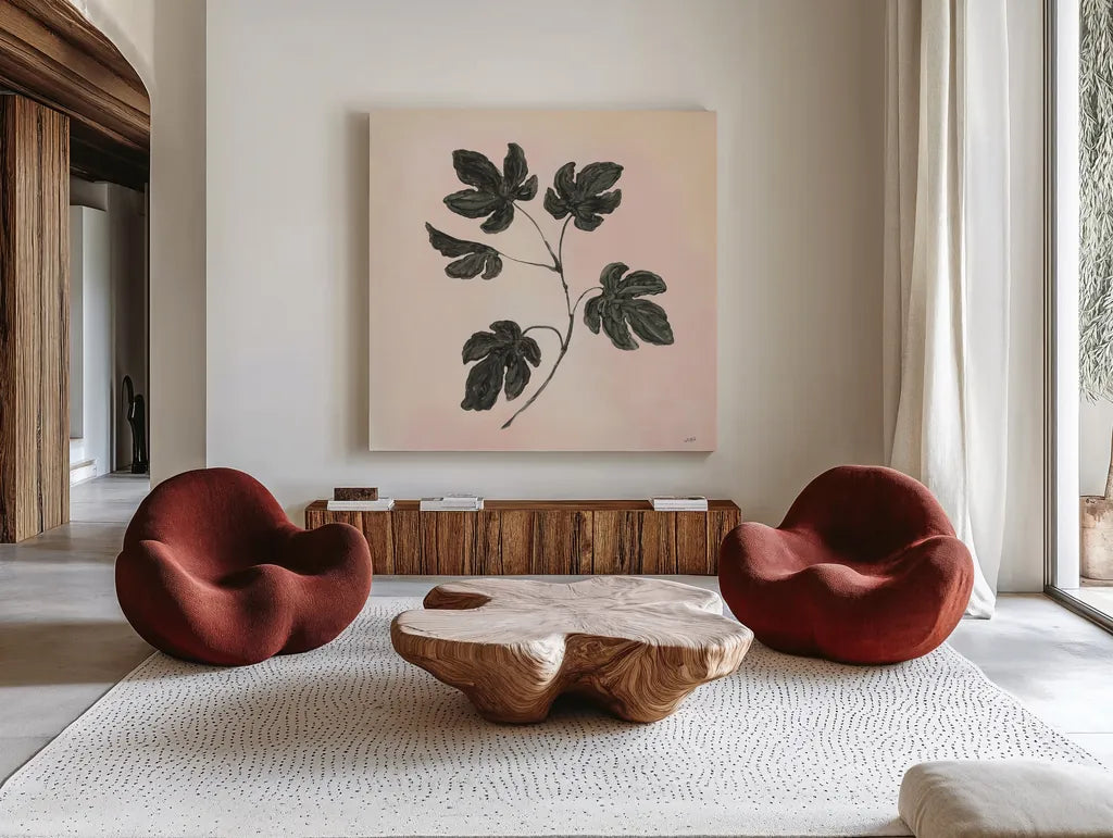 Botanical Study III Blush by Julia Purinton. Shown as extra-large giant wall art in a modern living room. Available as an archival giclee rolled canvas, fine art paper, or poster print. SKU 49726a.