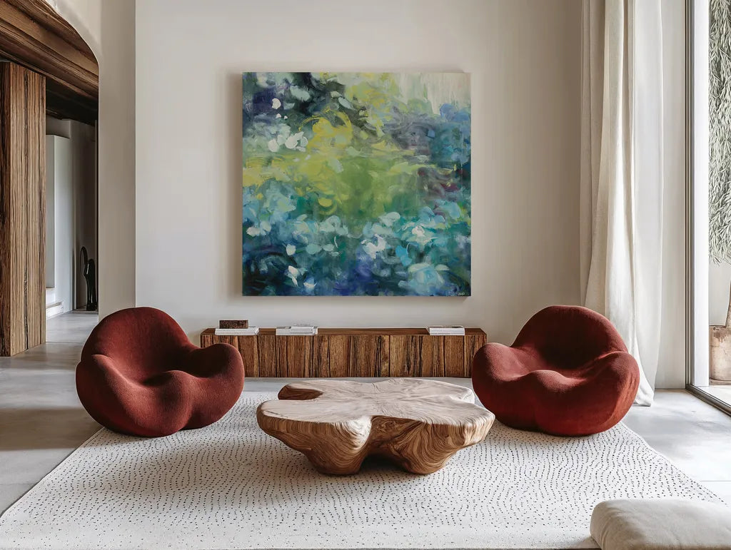 Bright Hydrangea I by Julia Purinton. Shown as extra-large giant wall art in a modern living room. Available as an archival giclee rolled canvas, fine art paper, or poster print. SKU 13649a.