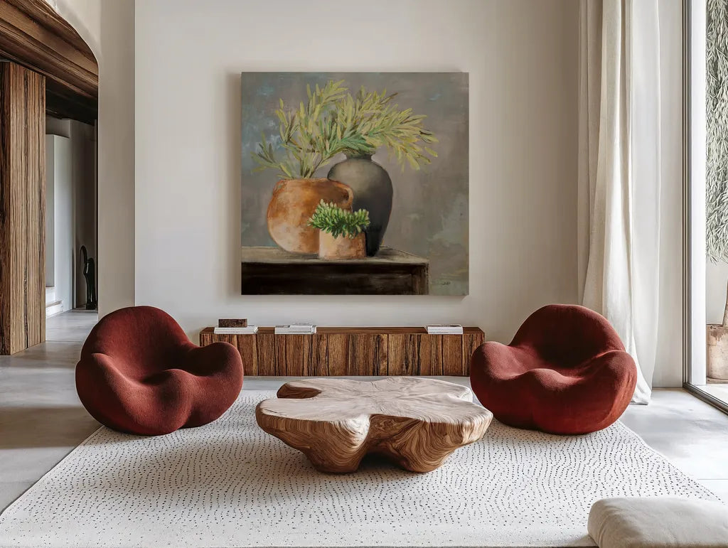 Calm Still Life I Rich by Julia Purinton. Shown as extra-large giant wall art in a modern living room. Available as an archival giclee rolled canvas, fine art paper, or poster print. SKU 81971a.