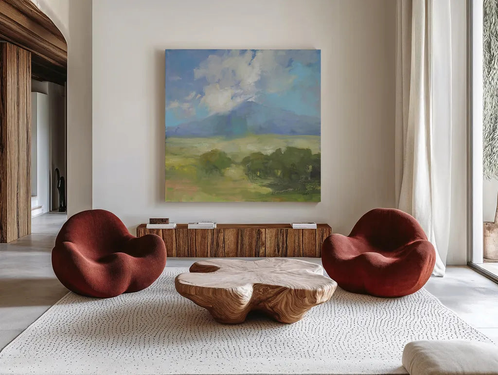 Clouds on the Mountain by Julia Purinton. Shown as extra-large giant wall art in a modern living room. Available as an archival giclee rolled canvas, fine art paper, or poster print. SKU 77399a.