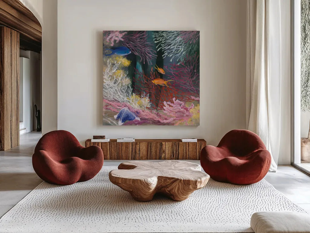 Coastal Reef I by Julia Purinton. Shown as extra-large giant wall art in a modern living room. Available as an archival giclee rolled canvas, fine art paper, or poster print. SKU 66556a.