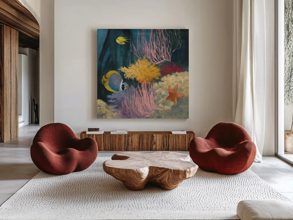 Coastal Reef II by Julia Purinton. Shown as extra-large giant wall art in a modern living room. Available as an archival giclee rolled canvas, fine art paper, or poster print. SKU 66557a.