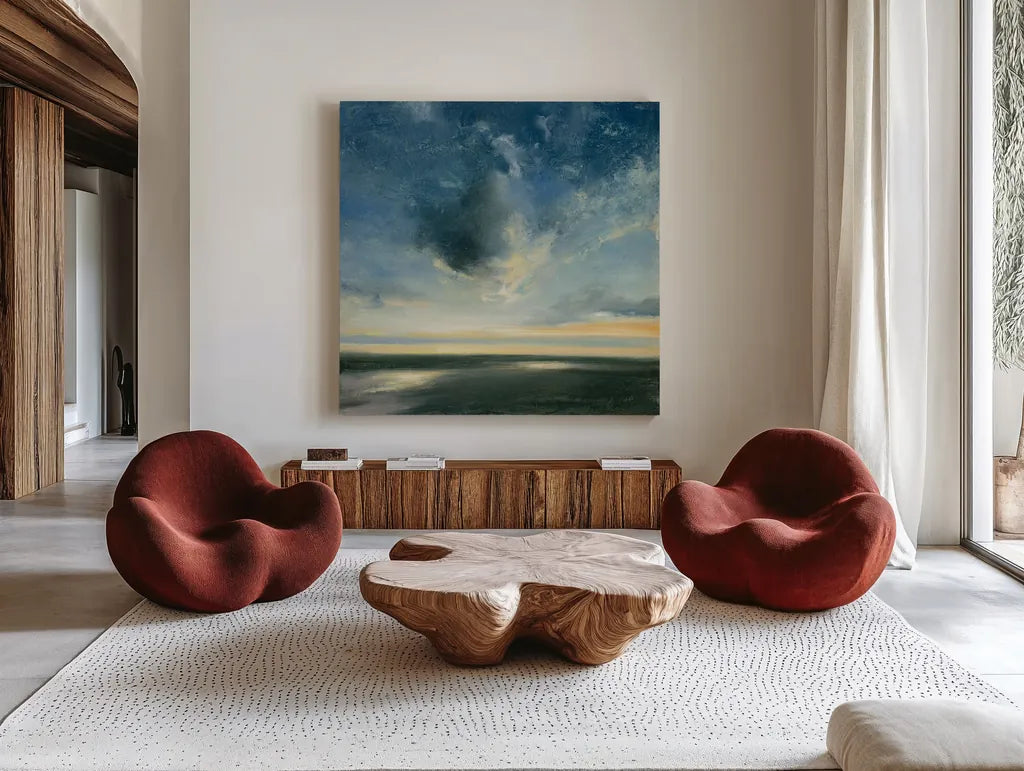 Coastal Sunrise by Julia Purinton. Shown as extra-large giant wall art in a modern living room. Available as an archival giclee rolled canvas, fine art paper, or poster print. SKU 45449a.