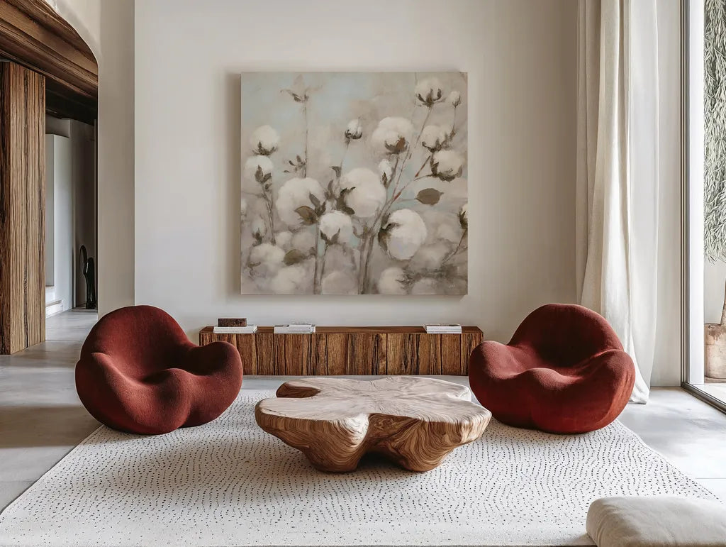 Cotton Field Crop Neutral by Julia Purinton. Shown as extra-large giant wall art in a modern living room. Available as an archival giclee rolled canvas, fine art paper, or poster print. SKU 33319a.