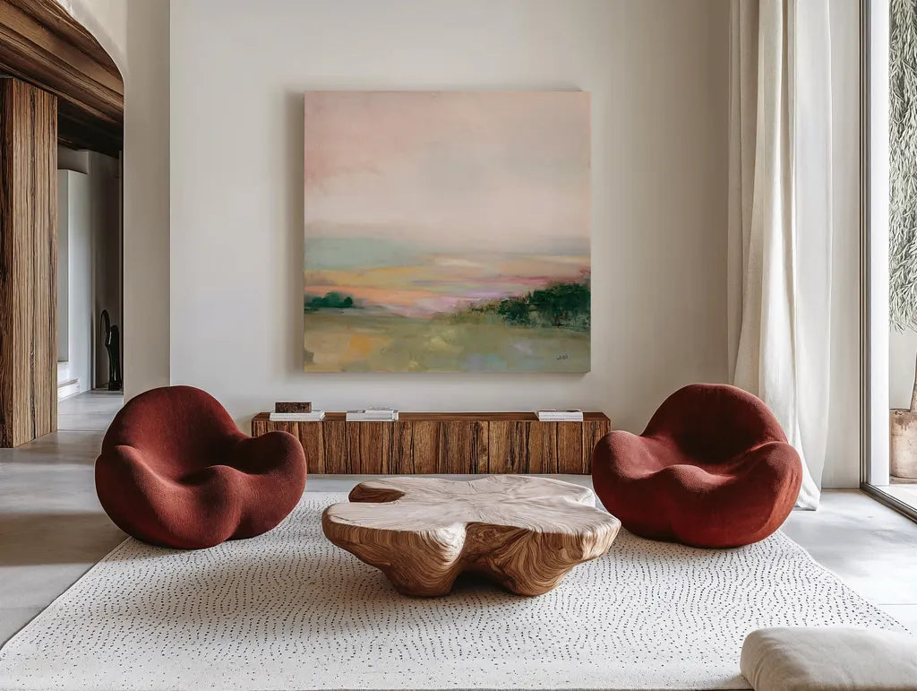 Dark Glowing Valley by Julia Purinton. Shown as extra-large giant wall art in a modern living room. Available as an archival giclee rolled canvas, fine art paper, or poster print. SKU 70442a.