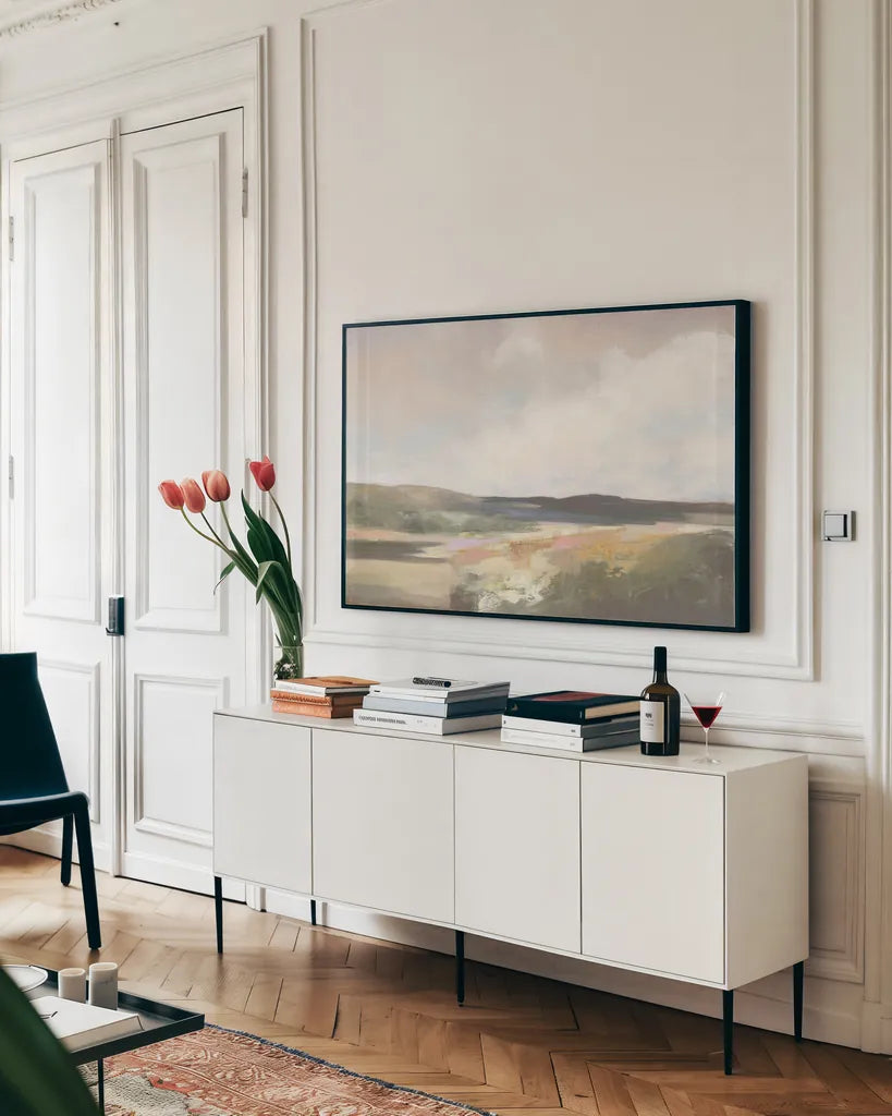 Dawn by the Water Neutral by Julia Purinton. shown as a framed stretched canvas in a living room above a console. Available as a archival giclee rolled canvas, fine art paper, or poster print. SKU 82350i.