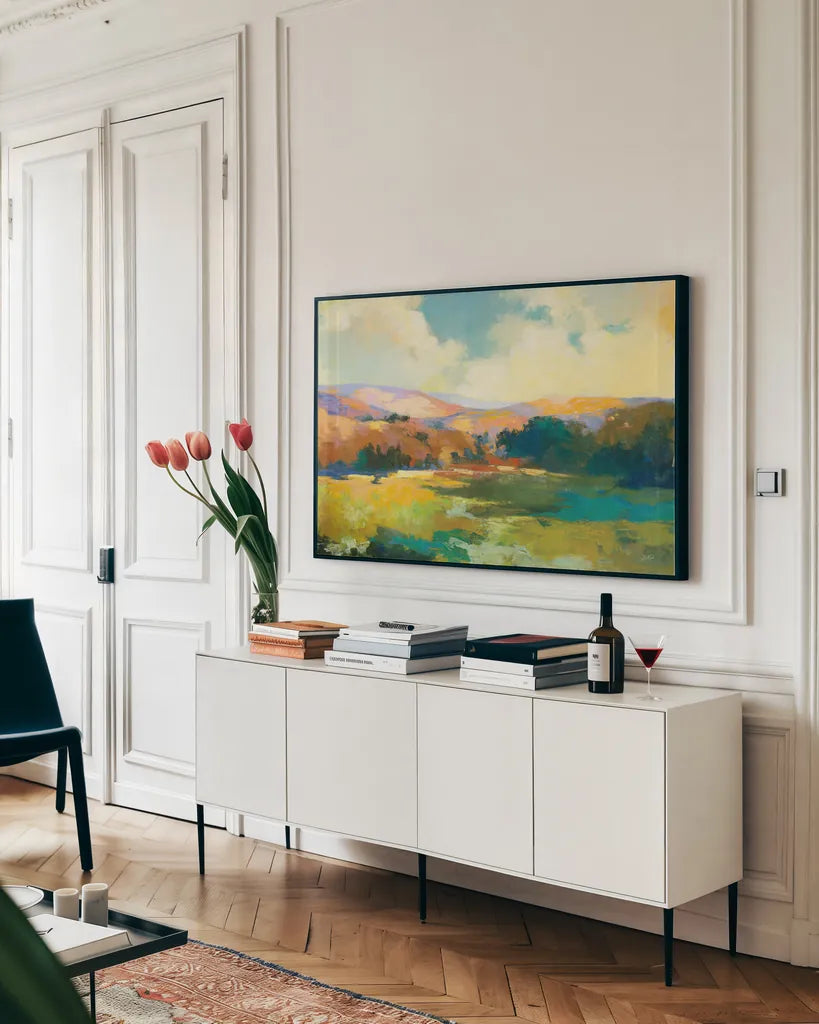 Daybreak Valley Crop by Julia Purinton. shown as a framed stretched canvas in a living room above a console. Available as a archival giclee rolled canvas, fine art paper, or poster print. SKU 60423i.