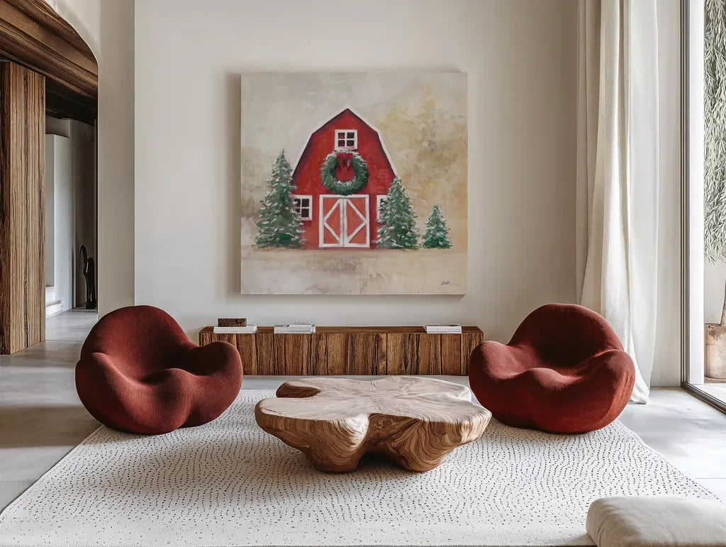 December Barn by Julia Purinton. Shown as extra-large giant wall art in a modern living room. Available as an archival giclee rolled canvas, fine art paper, or poster print. SKU 75690a.