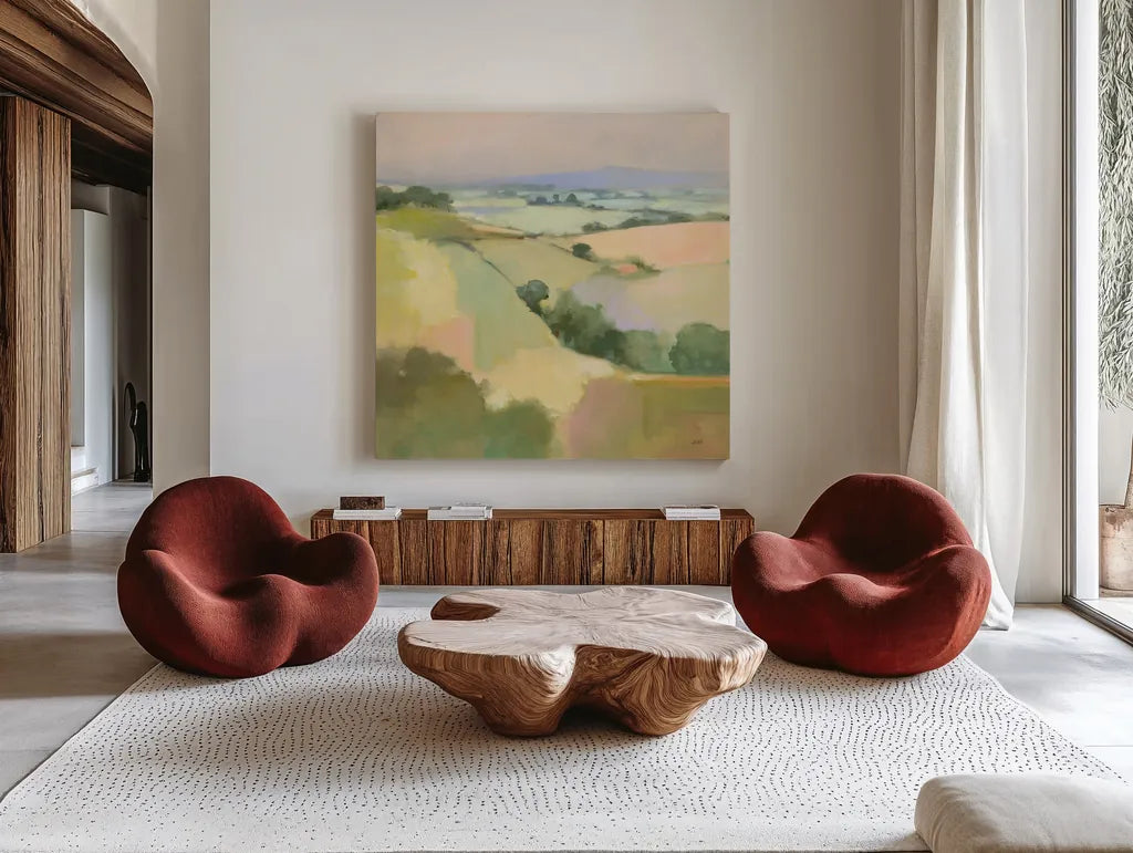 Dream Valley I by Julia Purinton. Shown as extra-large giant wall art in a modern living room. Available as an archival giclee rolled canvas, fine art paper, or poster print. SKU 65155a.