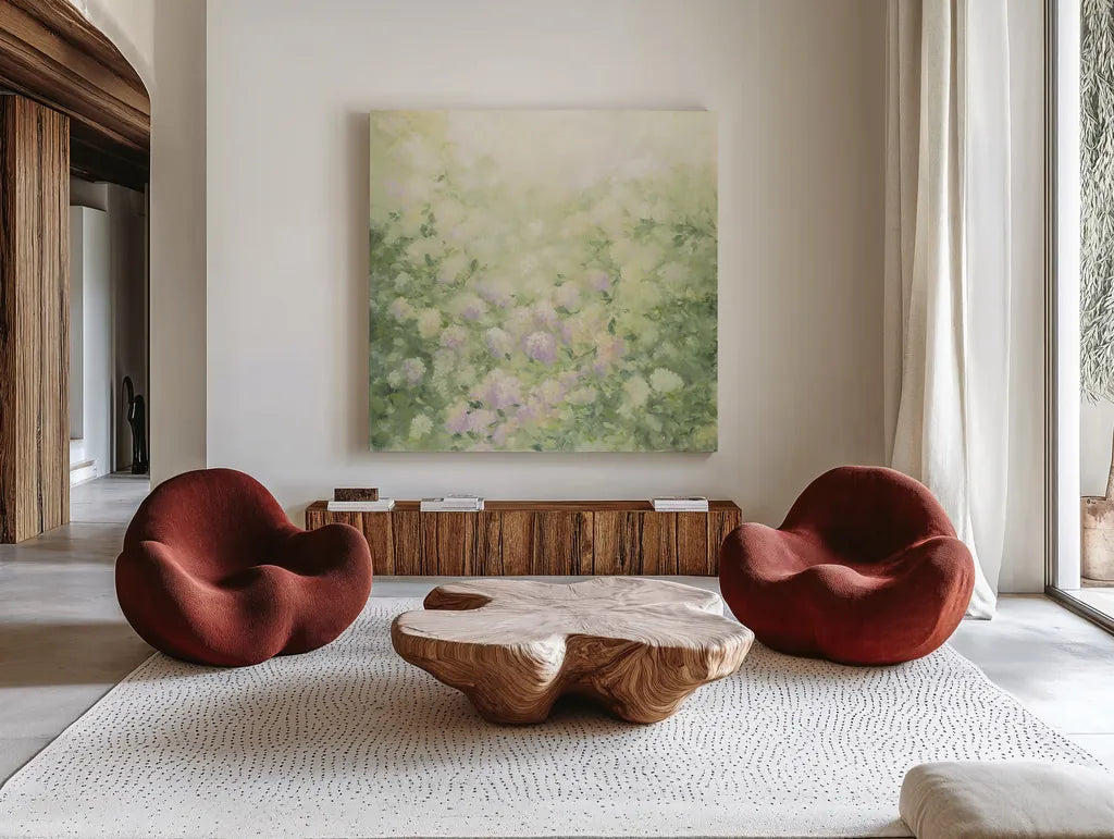 Dreamy Neutral by Julia Purinton. Shown as extra-large giant wall art in a modern living room. Available as an archival giclee rolled canvas, fine art paper, or poster print. SKU 82346a.