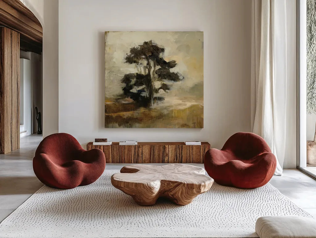 Fall Tree by Julia Purinton. Shown as extra-large giant wall art in a modern living room. Available as an archival giclee rolled canvas, fine art paper, or poster print. SKU 76013a.