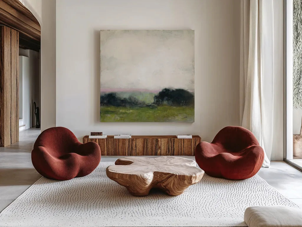 First View of the Water with Pink by Julia Purinton. Shown as extra-large giant wall art in a modern living room. Available as an archival giclee rolled canvas, fine art paper, or poster print. SKU 79223a.