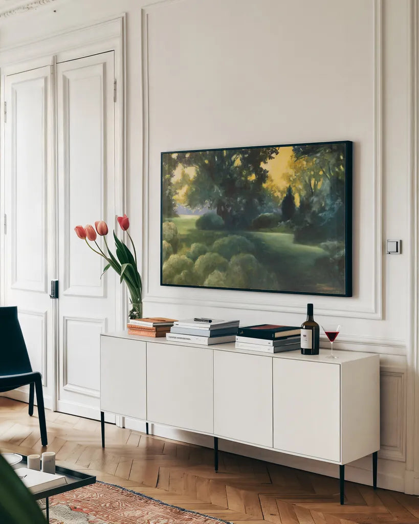 Garden of Good and Evil Crop by Julia Purinton. shown as a framed stretched canvas in a living room above a console. Available as a archival giclee rolled canvas, fine art paper, or poster print. SKU 19683i.