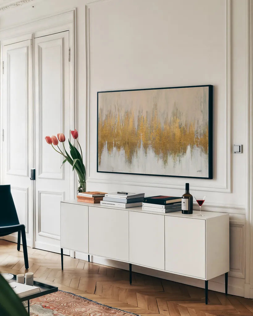 Glimmer I Crop by Julia Purinton. shown as a framed stretched canvas in a living room above a console. Available as a archival giclee rolled canvas, fine art paper, or poster print. SKU 84213i.