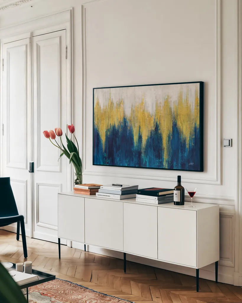 Glimmer II Crop by Julia Purinton. shown as a framed stretched canvas in a living room above a console. Available as a archival giclee rolled canvas, fine art paper, or poster print. SKU 84214i.