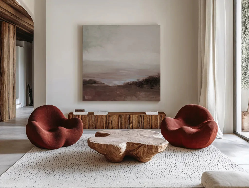 Glowing Valley Brown by Julia Purinton. Shown as extra-large giant wall art in a modern living room. Available as an archival giclee rolled canvas, fine art paper, or poster print. SKU 78316a.