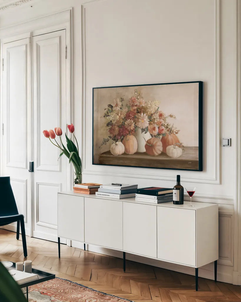 Harvest Bouquet Pomegranate Light by Julia Purinton. shown as a framed stretched canvas in a living room above a console. Available as a archival giclee rolled canvas, fine art paper, or poster print. SKU 90488i.